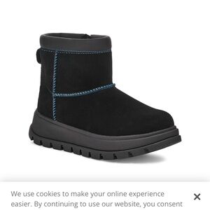 Women’s Koolaburra by Ugg Mini Hybrid Short Fur Black Boots with Blue Stitching.